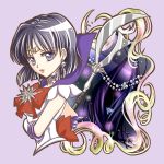  1girl bishoujo_senshi_sailor_moon black_eyes black_hair bow brooch choker cowboy_shot earrings elbow_gloves expressionless gloves highres jewelry looking_at_viewer purple_background red_bow sailor_saturn seiji_(hanjuku_pancake) short_hair silence_glaive solo tiara tomoe_hotaru white_gloves 