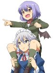  2girls alternate_costume bat_wings blue_dress blue_eyes braid commentary_request dress fang izayoi_sakuya juliet_sleeves long_sleeves maid maid_headdress multiple_girls open_mouth piggyback pointing pointing_forward puffy_sleeves purple_hair red_eyes remilia_scarlet shirt silver_hair skirt smile taishi_(moriverine) touhou twin_braids wings 