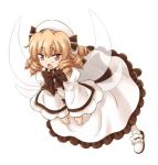  1girl blonde_hair chestnut_mouth dress drill_hair fairy_wings hat hirasaka_makoto long_hair long_sleeves looking_at_viewer lowres luna_child official_art red_eyes shoes simple_background solo touhou white_background white_dress wide_sleeves wings 