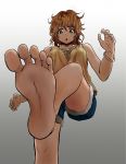  1girl :o bare_shoulders barefoot brown_hair feet gradient gradient_background green_eyes highres leg_up messy_hair original pov_feet short_hair shorts soles solo toes 