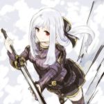 1girl from_above hair_ribbon half-closed_eyes holding_weapon koko_(hm142533) long_hair looking_to_the_side red_eyes ribbon sennen_sensou_aigis solo sword weapon white_hair yurina_(sennen_sensou_aigis) 