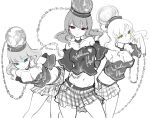  3girls blue_eyes breasts chain choker cleavage clothes_writing earth_(ornament) english hat heart hecatia_lapislazuli midriff moon_(ornament) multiple_girls multiple_persona raptor7 red_eyes skirt smile touhou yellow_eyes 