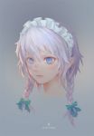  1girl artist_name backlighting blue_hair bow braid ears face freckles grey_background hair_bow izayoi_sakuya lips maid_headdress nose san_rode short_hair silver_hair solo touhou twin_braids 