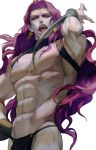  1boy abs blade earrings fangs from_below hand_on_hip headband jewelry jojo_no_kimyou_na_bouken kars_(jojo) licking loincloth long_hair male_focus muscle purple_hair rae solo tongue tongue_out work_in_progress wristband 