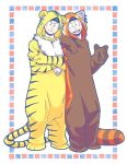  2boys animal_costume arm_on_shoulder arm_rest blue_eyes blue_hair border brothers cosplay crossed_arms kan_(tofslan) kigurumi male_focus matsuno_karamatsu matsuno_osomatsu multiple_boys osomatsu-kun osomatsu-san outside_border red_eyes red_panda_costume siblings tiger_costume tiger_print 