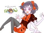  1girl androgynous black_hair blush bow brown_hair chibi closed_eyes english extra_arms extra_eyes fangs frisk_(undertale) grey_legwear hair_bow insect_girl jpeg_artifacts misha_(hoongju) money muffet open_mouth puffy_sleeves ribbon shirt short_sleeves simple_background smile spider_girl text thigh-highs twintails undertale white_background zettai_ryouiki 