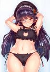  arms_up bell bell_collar black_bra black_eyes black_hair black_panties blush bra cat_cutout cat_ear_panties cat_keyhole_bra cat_lingerie cat_tail character_request cleavage_cutout collar cowboy_shot eyepatch granblue_fantasy highres jingle_bell long_hair looking_at_viewer navel panties pointy_ears shiokonbu side-tie_panties standing tail thigh_gap underwear wide_hips 