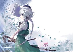  1girl alternate_headwear bamboo blue_eyes bow collared_shirt dappled_sunlight day expressionless flower grass green_skirt green_vest hair_flower hair_ornament highres konpaku_youmu konpaku_youmu_(ghost) petals plant profile scabbard sheath shirt short_hair silver_hair skirt skirt_set solo sunlight touhou tree vines white_shirt ziran_juan 