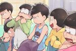  6+boys :d black_eyes black_hair blue_pants bottomless bowing briefs brothers brown_eyes closed_mouth commentary_request d: dressing frown hood hood_down hoodie indoors kl lineup looking_to_the_side male_focus matsuno_choromatsu matsuno_ichimatsu matsuno_juushimatsu matsuno_karamatsu matsuno_osomatsu matsuno_todomatsu messy_hair multiple_boys navel no_pants open_mouth open_pants osomatsu-kun osomatsu-san pants print_shirt scared sextuplets shaded_face shirt shirtless siblings sigh sleeves_past_wrists smile standing sweat tank_top twitter_username undershirt underwear wavy_mouth white_shirt 