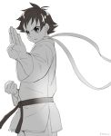  1girl choker clenched_hand dougi fighting_stance frogcage greyscale makoto_(street_fighter) monochrome ribbon_choker serious short_hair solo street_fighter tomboy white_background 