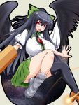  1girl arm_cannon black_hair black_legwear black_wings blush bow breasts cape hair_bow highres large_breasts open_mouth parmiria ponytail red_eyes reiuji_utsuho solo thighs touhou weapon wings 