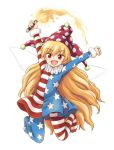  1girl american_flag_legwear american_flag_shirt arms_up bangs blonde_hair clownpiece collar fairy_wings frilled_collar frills hat hirasaka_makoto jester_cap long_hair lowres official_art open_mouth pantyhose polka_dot red_eyes simple_background solo torch touhou very_long_hair white_background wings 