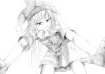  1girl american_flag_shirt clownpiece collar frilled_collar frills from_below hat highres jester_cap long_hair looking_at_viewer monochrome short_sleeves simple_background smug solo touhou very_long_hair white_background zekutoba 