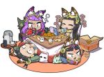  4girls :3 animal_ears bastet_(p&amp;d) black_hair blush bowl cat_ears cat_paws cat_tail cellphone chibi circlet closed_eyes commentary_request cup dark_skin earrings eating egyptian facial_mark food fruit green_eyes ice_cream ice_cream_cone jewelry kotatsu licking long_hair lying mandarin_orange medjedra multiple_girls on_back on_stomach open_mouth orange paws phone purple_hair puzzle_&amp;_dragons red_eyes smile stylus table tail teapot tokkyuu_mikan tongue tongue_out under_kotatsu under_table 