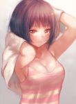  1girl arms_up bare_shoulders breasts brown_hair camisole cleavage collarbone expressionless gradient gradient_background grey_background looking_at_viewer nishizawa no_bra original rubbing shirt short_hair simple_background sleeveless sleeveless_shirt solo tareme towel upper_body 