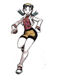  1girl beanie bike_shorts black_hair blue_eyes cropped_jacket crystal_(pokemon) full_body genzoman hat holding holding_poke_ball jacket jewelry long_hair low_twintails open_clothes open_jacket pendant poke_ball pokegear pokemon pokemon_special running shoes small_breasts sneakers solo twintails 