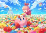  1girl 1other :d ^_^ afloat blue_eyes blue_sky blush closed_eyes clouds cloudy_sky commentary_request dress fairy fairy_wings field flower flower_field hair_ornament hal_laboratory_inc. head_wreath hitotubosi hoshi_no_kirby hoshi_no_kirby_64 kirby kirby_(series) kirby_64 long_sleeves nature nintendo open_mouth petals pink_hair pink_puff_ball red_ribbon ribbon ribbon_(kirby) short_hair sitting sky smile wings 