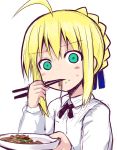  1girl ahoge blonde_hair braid chopsticks eating fate/stay_night fate_(series) food food_on_face green_eyes saber sen_(astronomy) simple_background solo triangle_mouth upper_body white_background yakisoba 