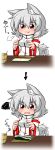  2koma :3 animal_ears bare_shoulders breasts comic detached_sleeves fang food hat highres inubashiri_momiji katsumi5o large_breasts open_mouth pom_pom_(clothes) red_eyes short_hair silver_hair smile tail tokin_hat touhou translation_request wide_sleeves wolf_ears wolf_tail 