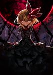 bare_shoulders black_gloves blonde_hair chain collar elbow_gloves gloves grin hair_ribbon highres karlwolf looking_at_viewer outstretched_arms red_eyes red_ribbon ribbon rumia short_hair skirt smile touhou 