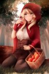  1girl :t apple black_legwear blonde_hair brown_skirt cape cloak commentary corset eating food forest fruit grass green_eyes highres holding holding_food holding_fruit hood inaba_sunimi little_red_riding_hood nature original pout red_cape red_hood sitting skirt solo tree wariza wrist_cuffs 