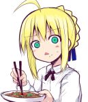  1girl ahoge blonde_hair braid chopsticks fate/stay_night fate_(series) food food_on_face green_eyes saber sen_(astronomy) simple_background solo triangle_mouth upper_body white_background yakisoba 