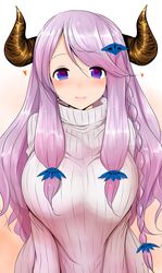  1girl braid breasts granblue_fantasy hair_ornament hairclip han_(jackpot) heart hips horns large_breasts light_smile long_hair looking_at_viewer narumeia_(granblue_fantasy) purple_hair ribbed_sweater solo sweater violet_eyes 