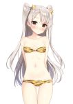  1girl amatsukaze_(kantai_collection) arms_behind_back bikini blush brown_eyes horns kantai_collection long_hair looking_at_viewer oni_horns shima_(shima_je) silver_hair simple_background swimsuit tiger_print two_side_up white_background 