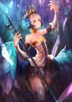  1girl arm_up armor armored_dress bare_shoulders choker crown dress gwendolyn hair_ornament highres jewelry koruse odin_sphere pink_eyes polearm ring short_hair solo spear strapless strapless_dress thigh-highs weapon white_hair wings 