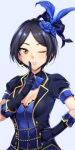  1girl black_gloves black_hair blue_background breasts brown_eyes cleavage earrings gloves hand_on_hip hat hayami_kanade idolmaster idolmaster_cinderella_girls jewelry long_hair one_eye_closed short_hair simple_background smile solo tomohiro_kai 