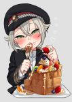  019 1boy blueberry food food_on_face fork fruit green_eyes hat heart hotarumaru kiwifruit male_focus open_mouth orange orange_slice silver_hair strawberry syrup touken_ranbu upper_body waffle whipped_cream 