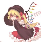  1girl alternate_costume alternate_headwear blush crystal fang flandre_scarlet hair_ribbon hat long_hair long_sleeves looking_to_the_side open_mouth red_eyes ribbon shirt side_ponytail signature simple_background skirt smile solo tis_(shan0x0shan) touhou white_background wide_sleeves wings 