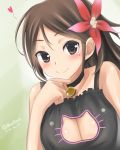  1girl alternate_costume amagi_(kantai_collection) bare_shoulders blasowa breasts brown_eyes brown_hair cat_keyhole_bra close-up elbow_rest hair_between_eyes kantai_collection large_breasts looking_at_viewer mole mole_under_eye ponytail smile 