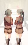  2girls alternate_hairstyle black_hair blush commentary_request embarrassed flying_sweatdrops from_behind fuu_fuu hallway heart highres kantai_collection kneehighs long_hair mikuma_(kantai_collection) mogami_(kantai_collection) multiple_girls school_uniform serafuku short_hair shorts skirt twintails twintails_day 