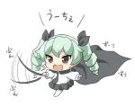  1girl anchovy brown_eyes cape chibi commentary_request drill_hair girls_und_panzer green_hair hair_ribbon kotanuki_(kotanukiya) long_hair necktie open_mouth ribbon skirt smile solo stick translation_request twin_drills twintails uniform 