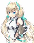  1girl angela_balzac bangs bare_shoulders blonde_hair blue_eyes breasts covered_navel elbow_gloves gloves hands_on_hips headgear large_breasts leotard long_hair looking_at_viewer low_twintails rakuen_tsuihou simple_background smile solo sutorora thigh_strap twintails very_long_hair white_background 