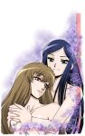  2girls bare_shoulders blue_hair brown_hair couple flower fujino_shizuru green_eyes happy hug hug_from_behind kuga_natsuki long_hair multiple_girls my-hime parted_lips red_eyes sabachiyo_land smile touching yuri 