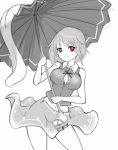  1girl adapted_costume blue_eyes breasts cleavage heterochromia highres long_tongue midriff monochrome navel no_nose raptor7 red_eyes skirt smile solo spot_color tatara_kogasa tongue touhou umbrella 