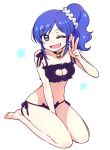  1girl ;d aikatsu! bell bell_choker between_legs black_panties blue_eyes blue_hair breasts cat_cutout cat_ear_panties cat_lingerie chan_co choker cleavage cleavage_cutout frills hair_ornament hair_scrunchie hand_between_legs jingle_bell kiriya_aoi long_hair one_eye_closed open_mouth panties scrunchie seiza side-tie_panties side_ponytail sitting smile solo star underwear underwear_only v 