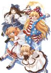  4girls american_flag_legwear american_flag_shirt arms_up ascot bangs blonde_hair blue_eyes blunt_bangs brown_eyes brown_hair chestnut_mouth clownpiece collar dress drill_hair fairy_wings fang finger_to_cheek frilled_collar frills hat hirasaka_makoto jester_cap long_hair long_sleeves looking_at_viewer luna_child multiple_girls official_art open_mouth orange_hair pantyhose polka_dot puffy_sleeves red_eyes shoes short_twintails simple_background smile star_sapphire sunny_milk torch touhou twintails very_long_hair white_background white_dress wide_sleeves wings 