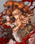  1girl 3boys armband armor back bare_shoulders bbare_shoulders blonde_hair blood braid breasts claws cleavage collarbone dress dual_wielding egg elf fangs fur long_hair multiple_boys muscle pointy_ears red_eyes short_hair werewolf yamamoto_shikaku 