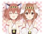  2girls :d ^_^ absurdres ahoge alternate_costume animal_ears brown_eyes brown_hair cat_ears closed_eyes cosplay detached_sleeves dog_ears folded_ponytail hair_ornament hairband hairclip highres ikazuchi_(kantai_collection) inazuma_(kantai_collection) kantai_collection kemonomimi_mode kongou_(kantai_collection) kongou_(kantai_collection)_(cosplay) looking_at_viewer multiple_girls nontraditional_miko open_mouth short_hair smile yamiarisu 