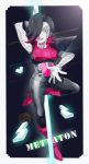 1boy arm_behind_head boots character_name gloves hair_over_one_eye heart highres lightning_bolt mettaton-ex reticulum robot smile solid_eyes undertale white_gloves 