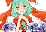  1girl crying crying_with_eyes_open front_ponytail green_eyes green_hair hair_ribbon kagiyama_hina long_hair looking_at_viewer misha_(hoongju) open_mouth puffy_sleeves ribbon shaded_face short_sleeves silhouette simple_background solo tears touhou upper_body wavy_mouth white_background 
