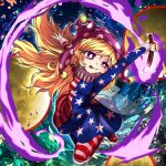  1girl american_flag_legwear american_flag_shirt arms_up blonde_hair blush_stickers clownpiece collar fairy_wings fire frilled_collar frills fur_trim hat highres jester_cap long_hair nomayo outstretched_arms pantyhose polka_dot tongue tongue_out torch touhou very_long_hair violet_eyes wings 