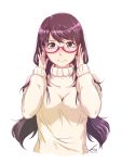  1girl adjusting_glasses blush brown_hair female glasses green_eyes highres long_hair semi-rimless_glasses simple_background smile solo sweater turtleneck twintails white_background 