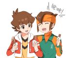 2boys brown_eyes brown_hair closed_eyes crossover danball_senki food headband inazuma_eleven_(series) inazuma_eleven_go korean male_focus multiple_boys open_mouth short_hair simple_background t_(toddy_t) translation_request upper_body white_background yamano_ban 