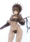  1girl absurdres black_gloves brown_eyes brown_hair copyright_request ganida_boushoku gloves highres looking_at_viewer navel polearm shiny shiny_skin short_hair smile solo weapon 