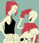  1girl 2boys androgynous arm_up belt black_sclera bone breasts closed_eyes crop_top flat_color frisk_(undertale) gloves grin head_fins higa423 looking_at_another multiple_boys open_mouth pants papyrus_(undertale) ponytail profile red_gloves redhead sans scarf sharp_teeth sideboob skeleton sleeveless smile spot_color teeth undertale undyne 