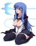  1girl absurdres blue_hair breasts cape cleavage fang green_eyes highres long_hair select_(dragon62) sitting sylpheed thigh-highs wariza zero_no_tsukaima 